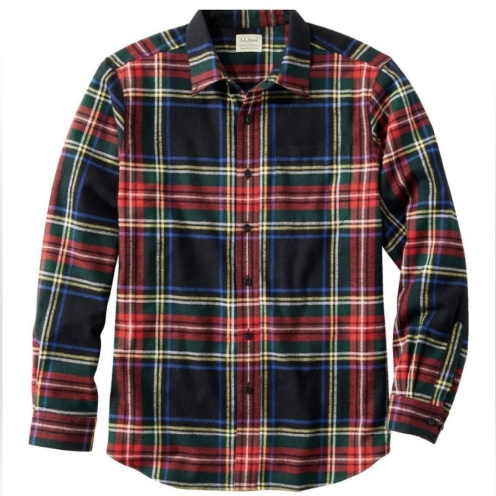 L.L. Bean Flannel Shirt Scotch Plaid Black Stewart Tartan Traditional Fit XLT
